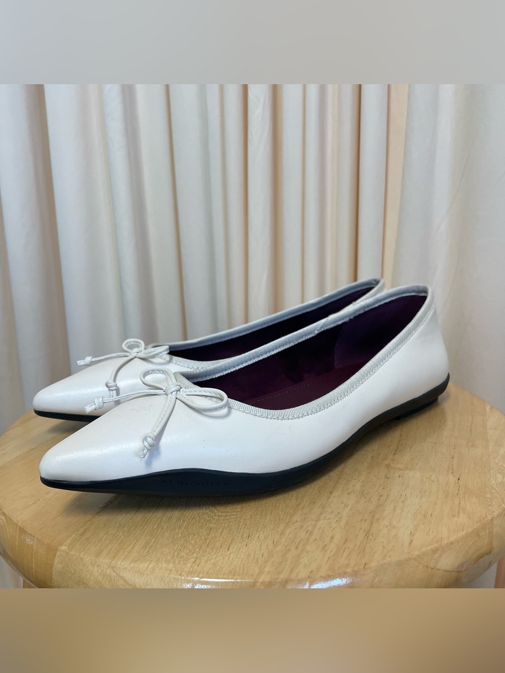 AEROSOLES Women's Balletcore Girly White Pointed Ballet Flats with Bow Sz 9